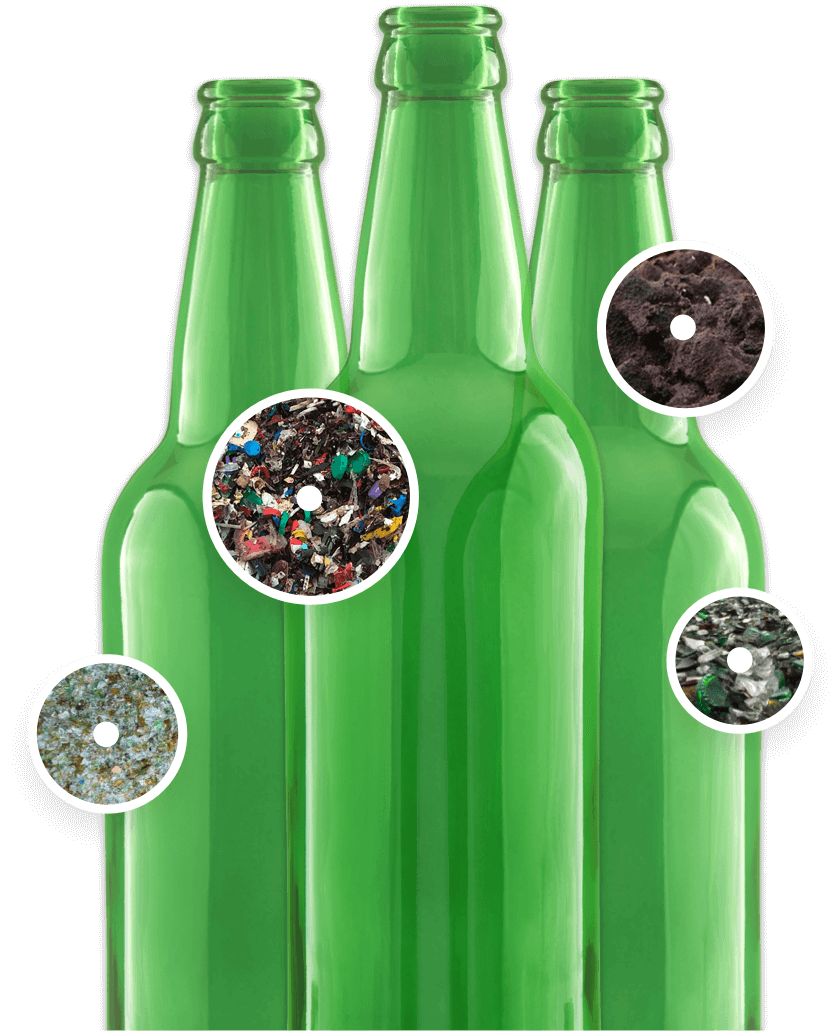Three dark green glass bottles with different recycling images on top of them.